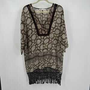 Zara Womens Tunic Top XS Sheer Boho Floral Fringe Festival Hippie Peasant V Neck